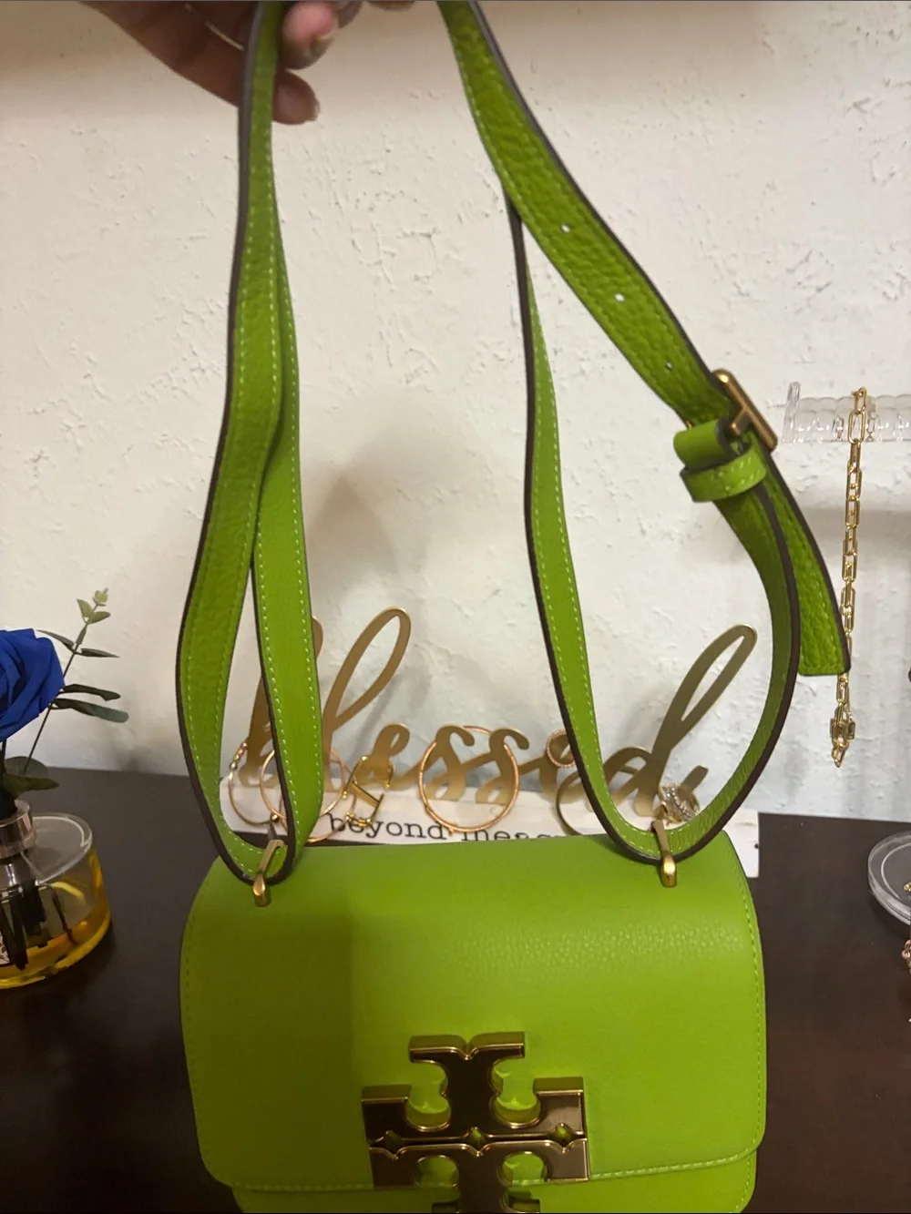 Tory Burch Lime Green Leather Crossbody with Gold Logo